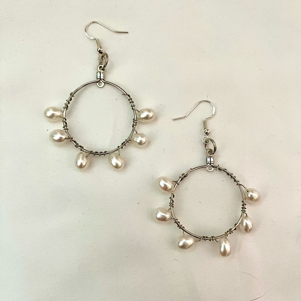 Hoop Earrings Silver Toned Wire Wrapped With Genuine Pearls